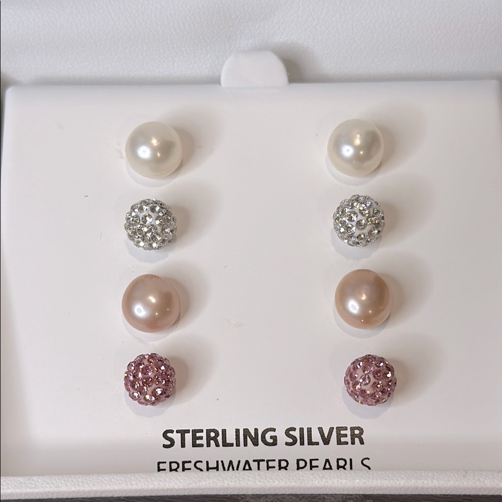 Macy’s Sterling Silver Freshwater Pearl and Crystal Stud Earring Set